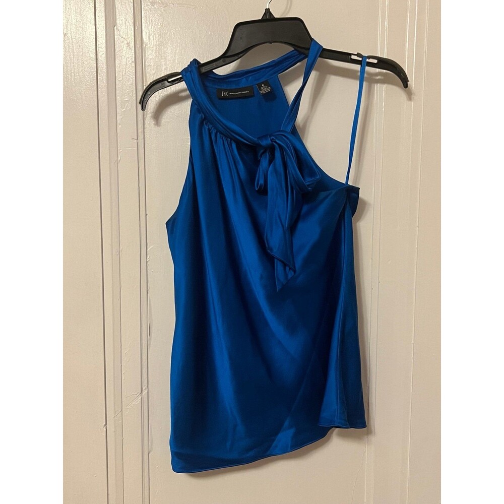 Silk blouse halter top free shoulder neck bow tie royal blue